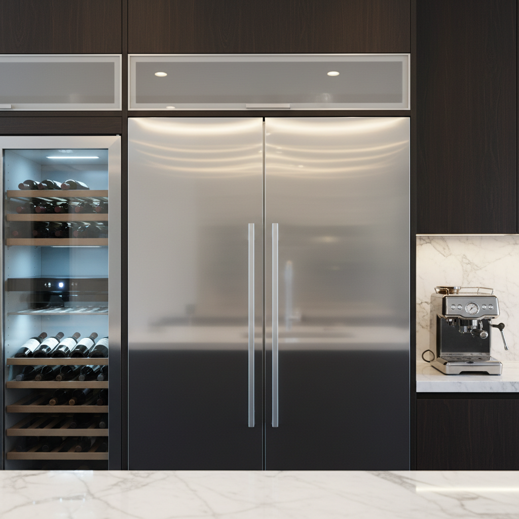 High-end built-in Miele-style appliances in a modern kitchen