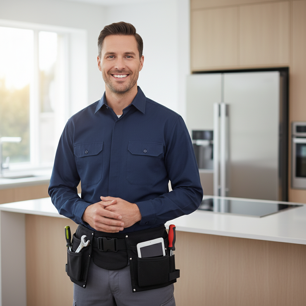 Smiling appliance repair technician in a modern kitchen
