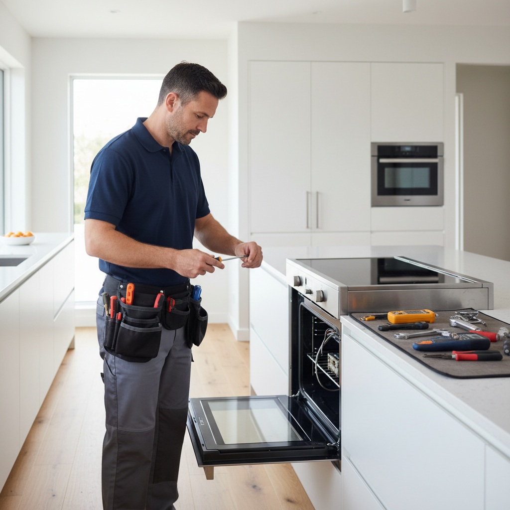 Technician repairing a built-in oven in a modern kitchen